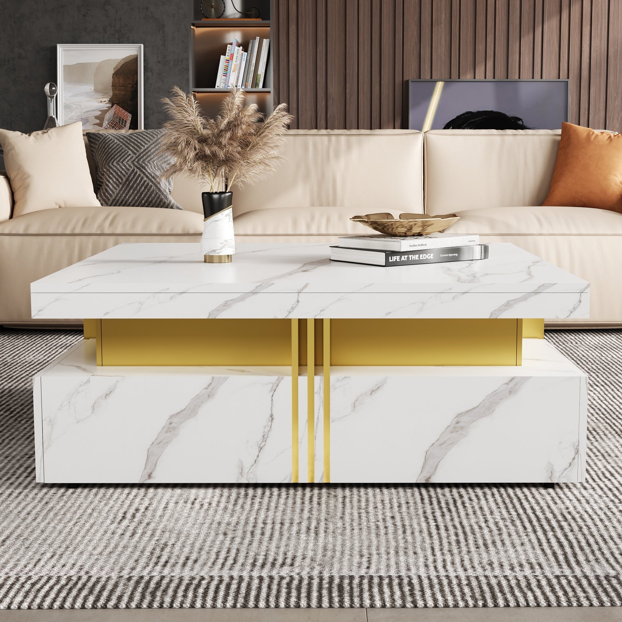 Modern White Square Storage Coffee Table with 4 Drawers - Grand Goldman Shop