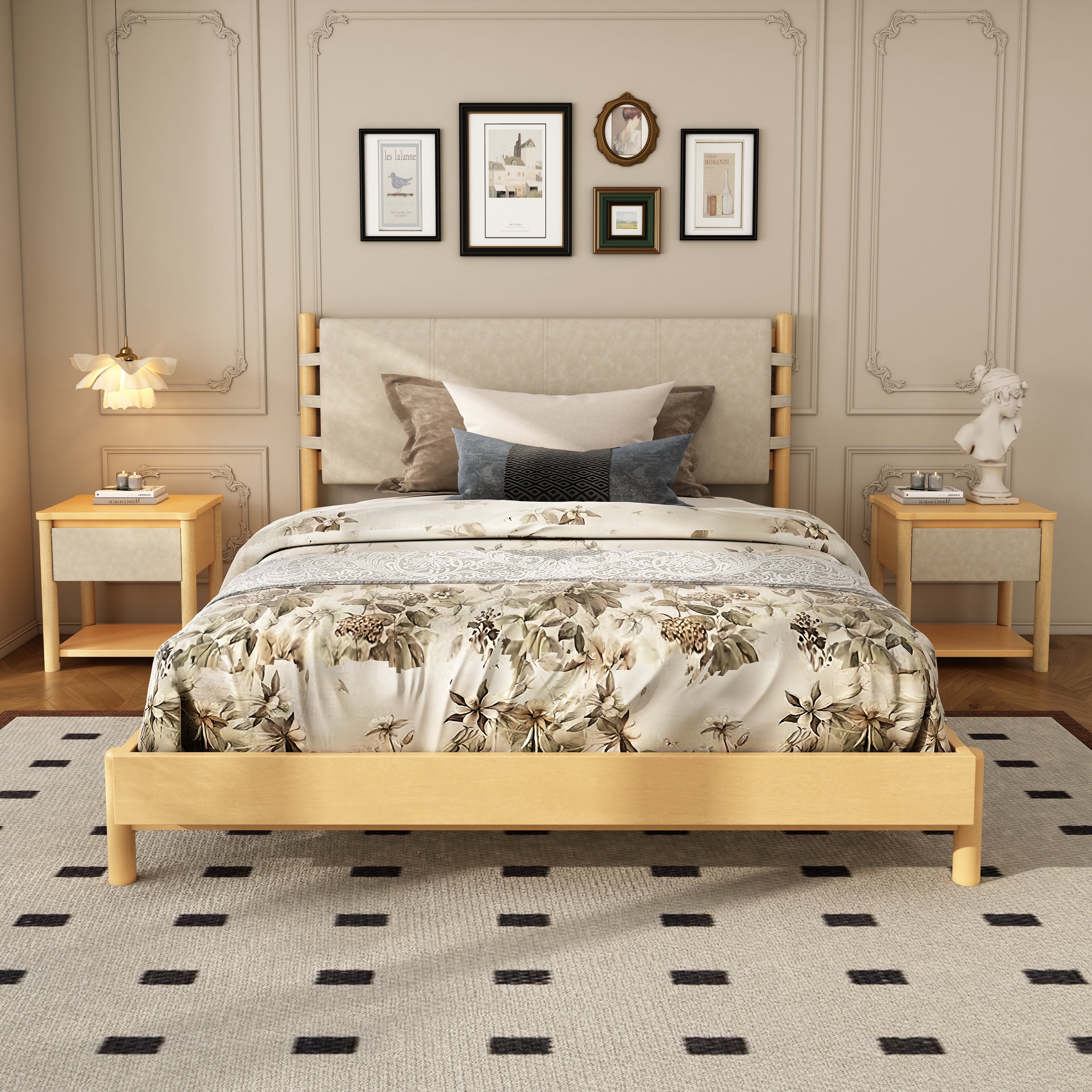 Modern Queen Bed Frame Set with 2 Nightstands, Beige Wood Platform Bed with Headboard and Matching Bedside Tables for Bedroom - Grand Goldman Shop