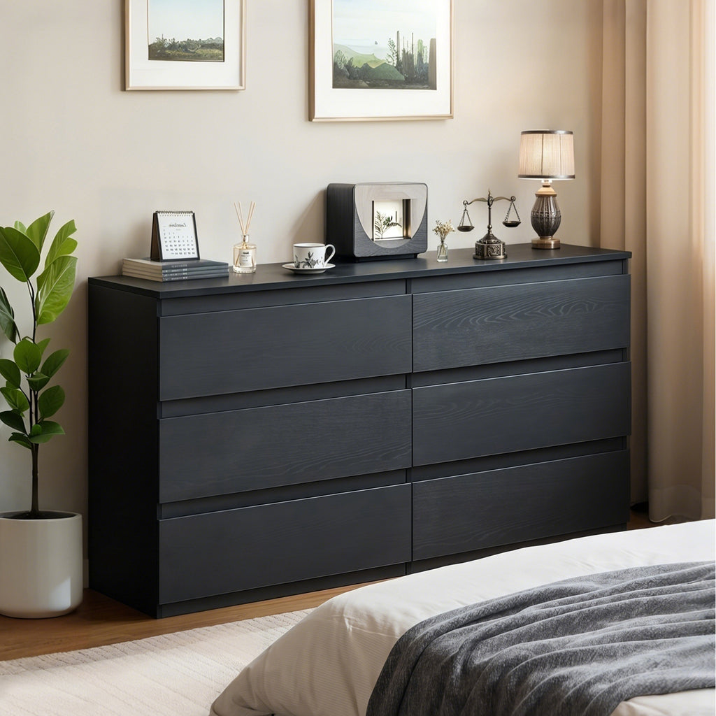 Modern 6 Drawer Dresser with Spacious Countertop and Concealed Handles, Storage Cabinet for Bedroom and Living Room, Black MDF - Grand Goldman Shop