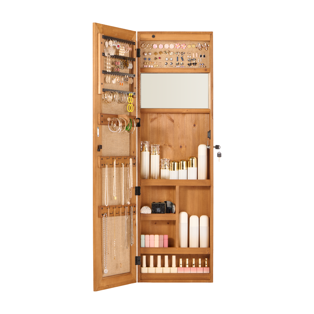 Solid Wood Jewelry Armoire Organizer Cabinet with Full-Length Mirror, Light Brown, 47.5x14.3 in Wall-Mounted Lockable with LED Light - Grand Goldman Shop