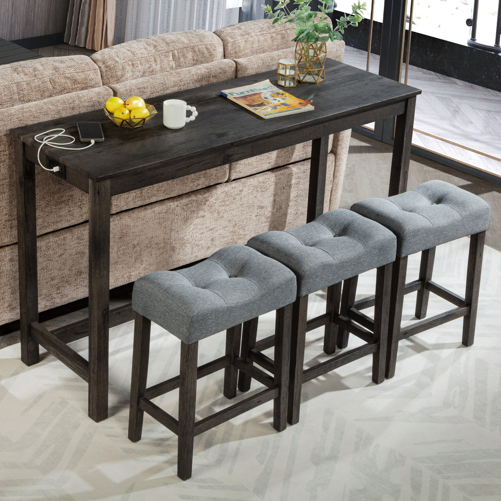 4 Piece Bar Table Set with Power Outlet, Bar Table Set with Chairs, Sofa Bar Table with Stools, Behind Couch Table with 3 Padded Stools, for Living Room, Dining room, Dark Gray - Grand Goldman Shop