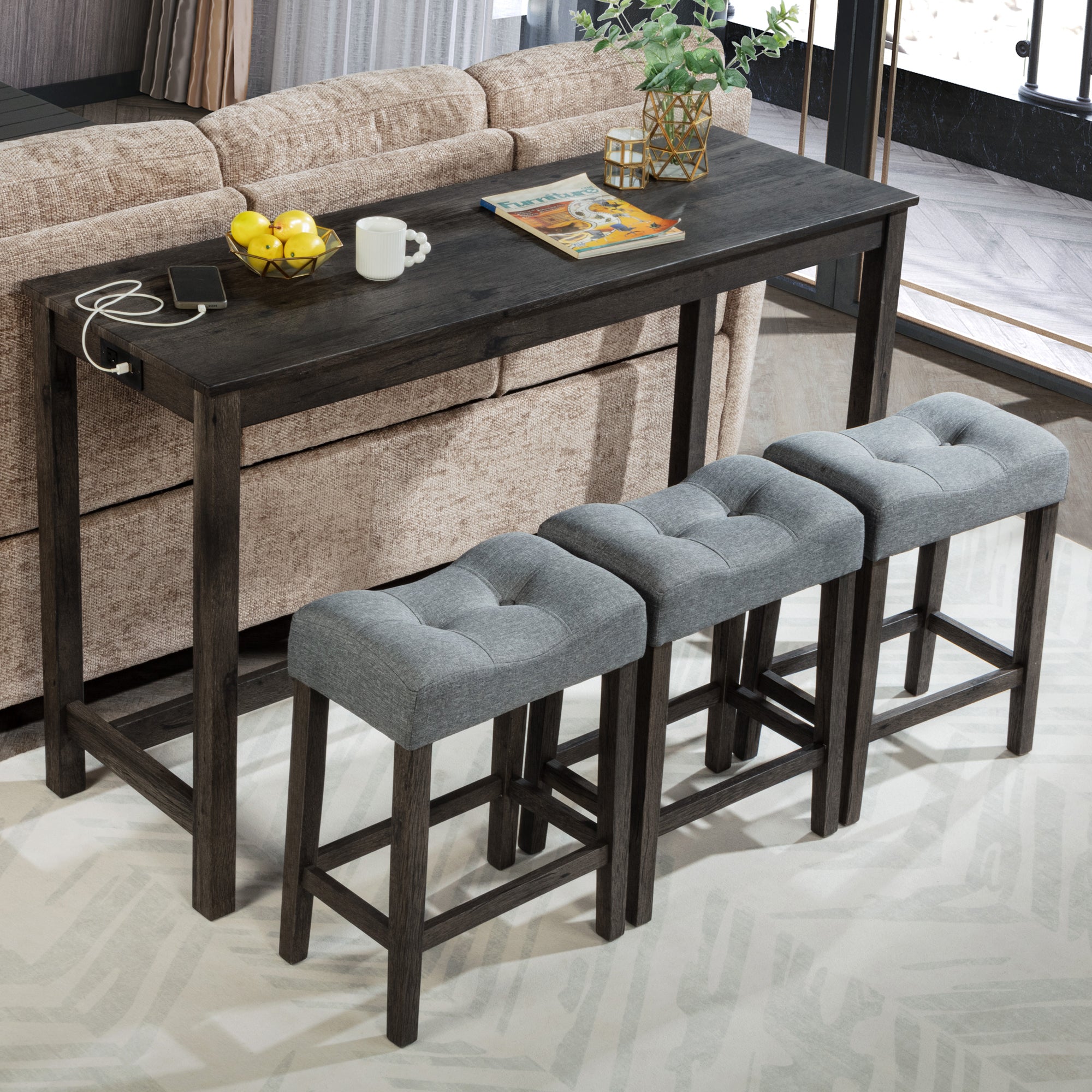 4 Piece Bar Table Set with Power Outlet, Bar Table Set with Chairs, Sofa Bar Table with Stools, Behind Couch Table with 3 Padded Stools, for Living Room, Dining room, Dark Gray - Grand Goldman Shop