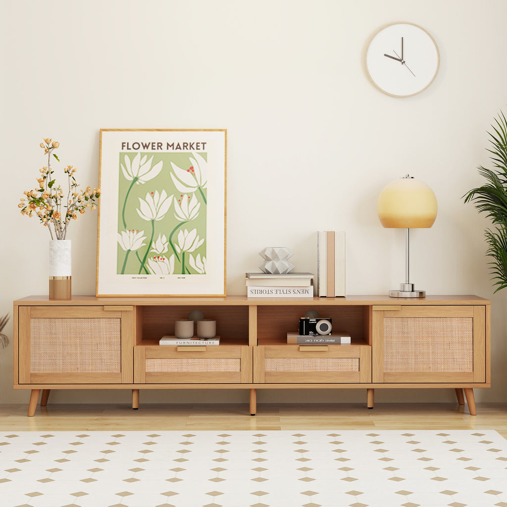 Modern Farmhouse Rattan TV Stand for TVs up to 85'', Solid Wood Legs, Media Console with MDF Board, Living Room Entertainment Center in Wood Finish - Grand Goldman Shop