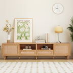 Modern Farmhouse Rattan TV Stand for TVs up to 85'', Solid Wood Legs, Media Console with MDF Board, Living Room Entertainment Center in Wood Finish - Grand Goldman Shop