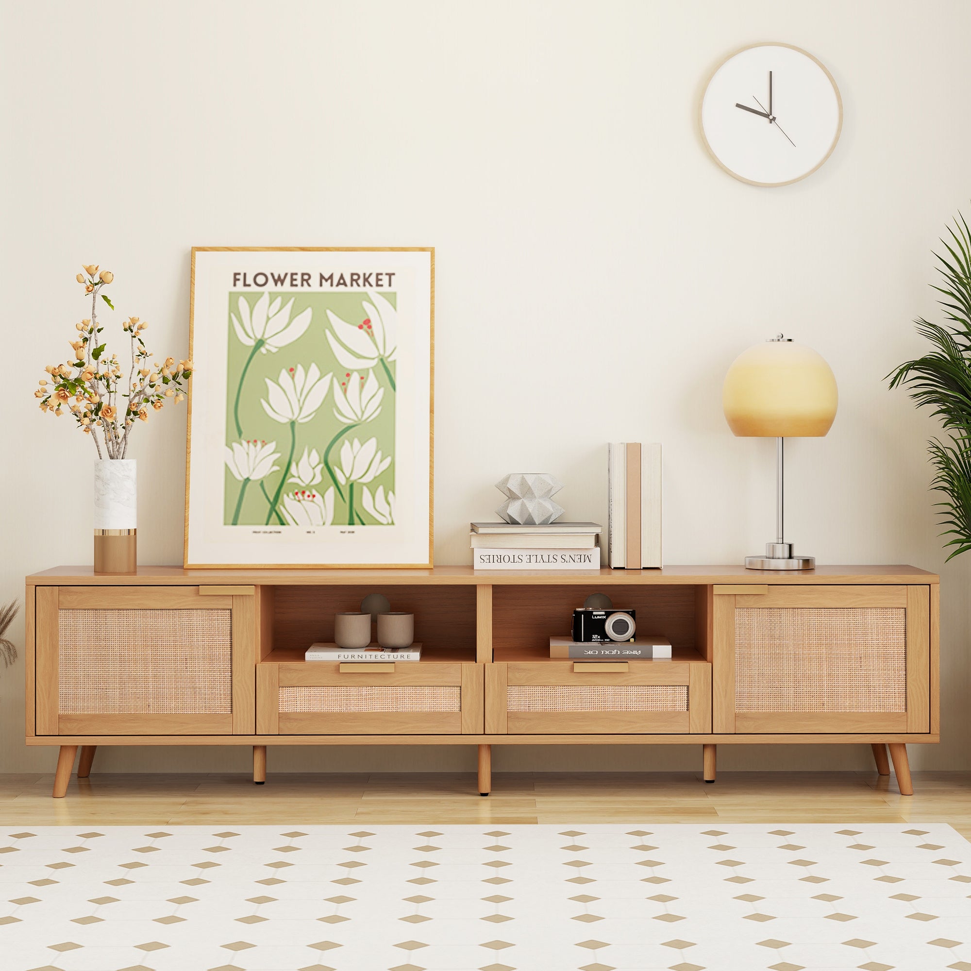 Modern Farmhouse Rattan TV Stand for TVs up to 85'', Solid Wood Legs, Media Console with MDF Board, Living Room Entertainment Center in Wood Finish - Grand Goldman Shop