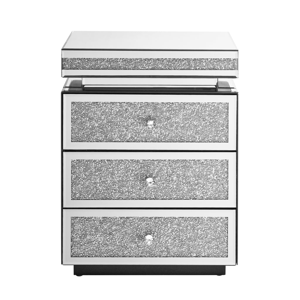 Mirrored Nightstand with 3 Drawers, Silver Nightstand with Crystal Inlay, Mirror End Table, Modern Bedside Table, Glass Table for Bedroom, 13.8''W x 17.7' L x 23.6' H - Grand Goldman Shop