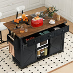 K&K 53.7' Farmhouse Kitchen Island with Power Outlet, 2 Sliding Barn Door Kitchen Storage Island with Drop Leaf, Spice Rack Rolling Kitchen Cart on Wheels, for Home, Kitchen and Dining Room, Black - Grand Goldman Shop