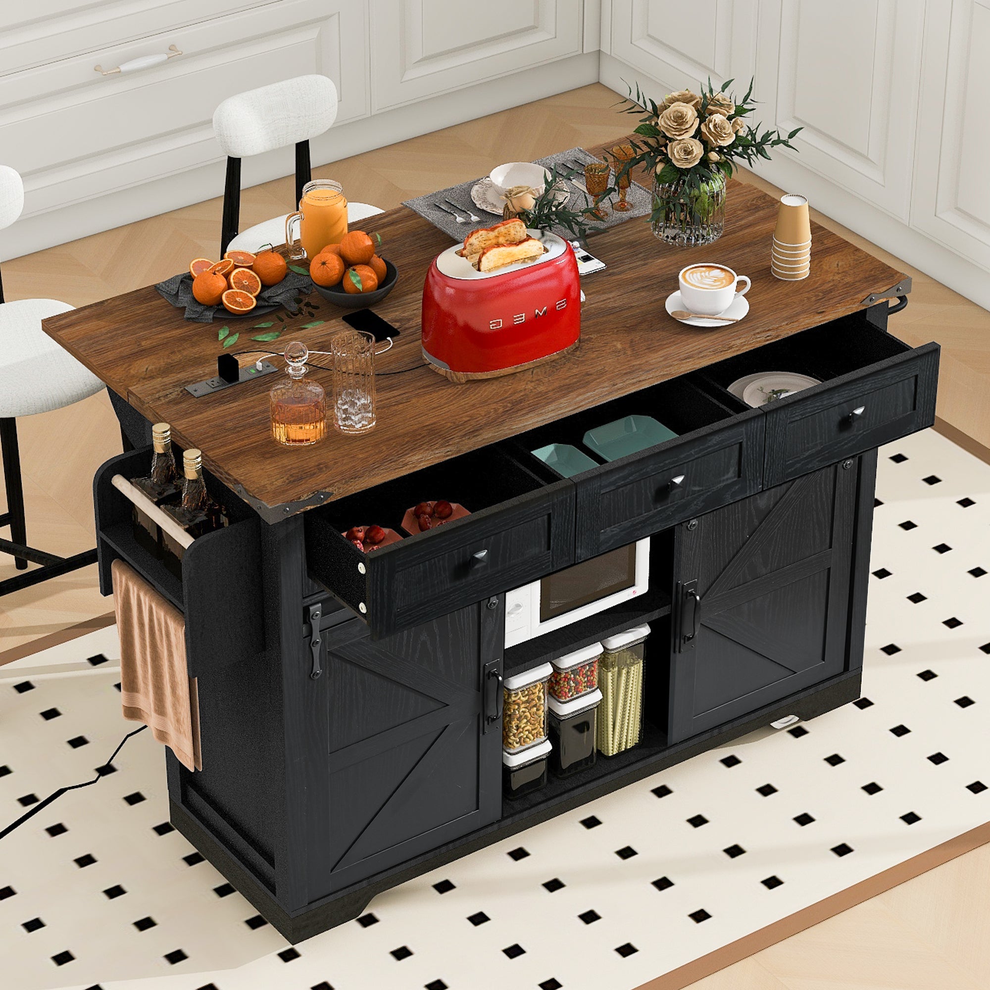 K&K 53.7' Farmhouse Kitchen Island with Power Outlet, 2 Sliding Barn Door Kitchen Storage Island with Drop Leaf, Spice Rack Rolling Kitchen Cart on Wheels, for Home, Kitchen and Dining Room, Black - Grand Goldman Shop