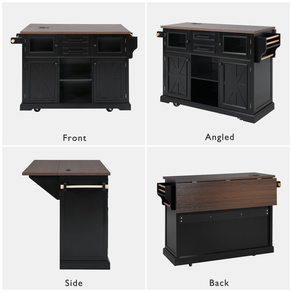 K&K 54.9' Kitchen Island with Drop Leaf, Power Outlet, Kitchen Storage Cart with 4 Door Shelves, Cross Barn Doors & Visual Glass Door, Rolling Kitchen Island on 4 Wheels for Kitchen, Dining Room,Black - Grand Goldman Shop