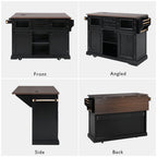 K&K 54.9' Kitchen Island with Drop Leaf, Power Outlet, Kitchen Storage Cart with 4 Door Shelves, Cross Barn Doors & Visual Glass Door, Rolling Kitchen Island on 4 Wheels for Kitchen, Dining Room,Black - Grand Goldman Shop