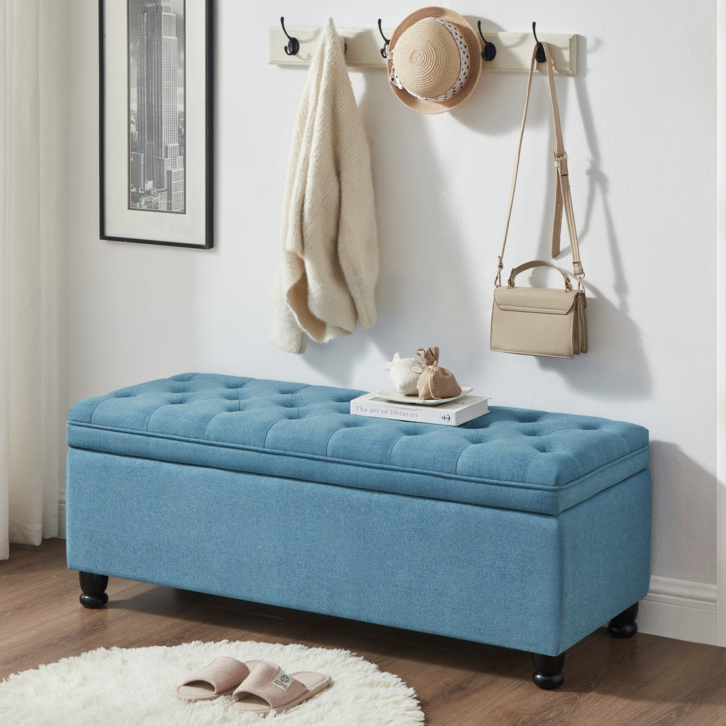 Upholstered tufted button storage bench ,Linen fabric entry bench with spindle wooden legs, Bed bench- Light Blue - Grand Goldman Shop
