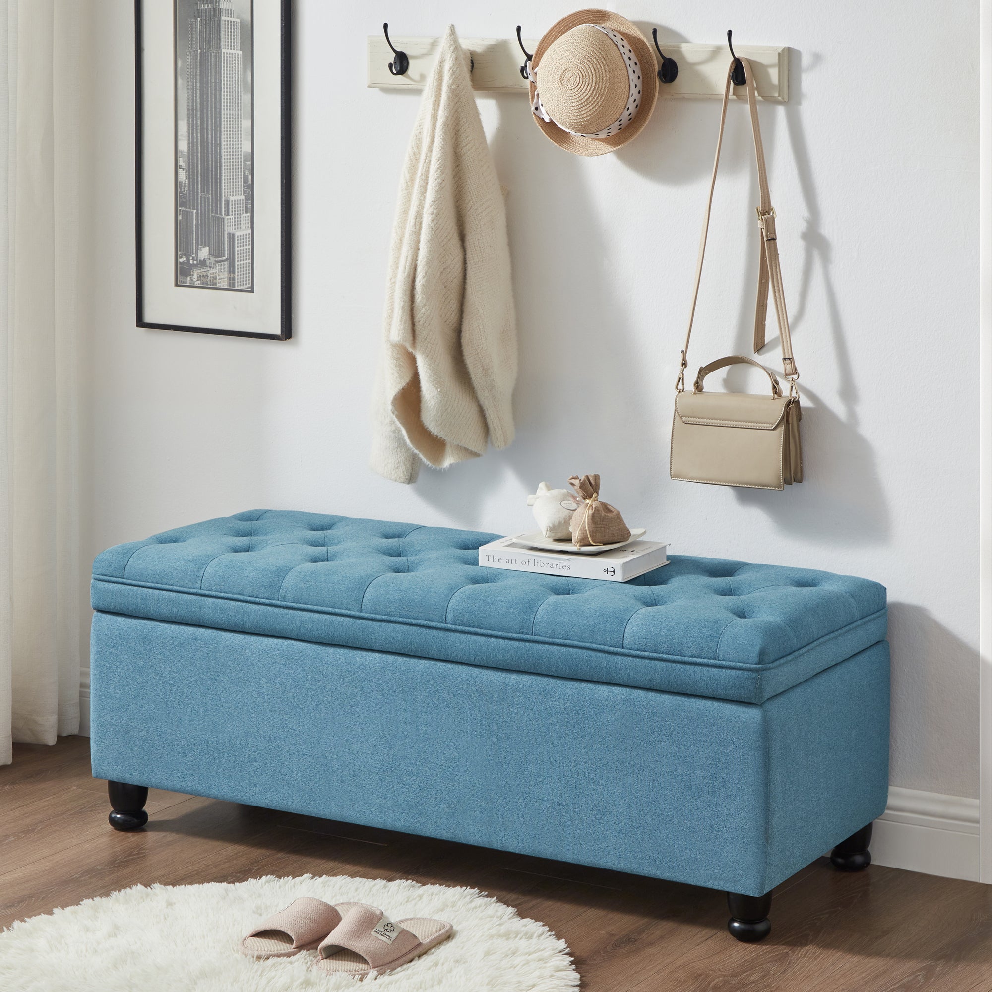 Upholstered tufted button storage bench ,Linen fabric entry bench with spindle wooden legs, Bed bench- Light Blue - Grand Goldman Shop