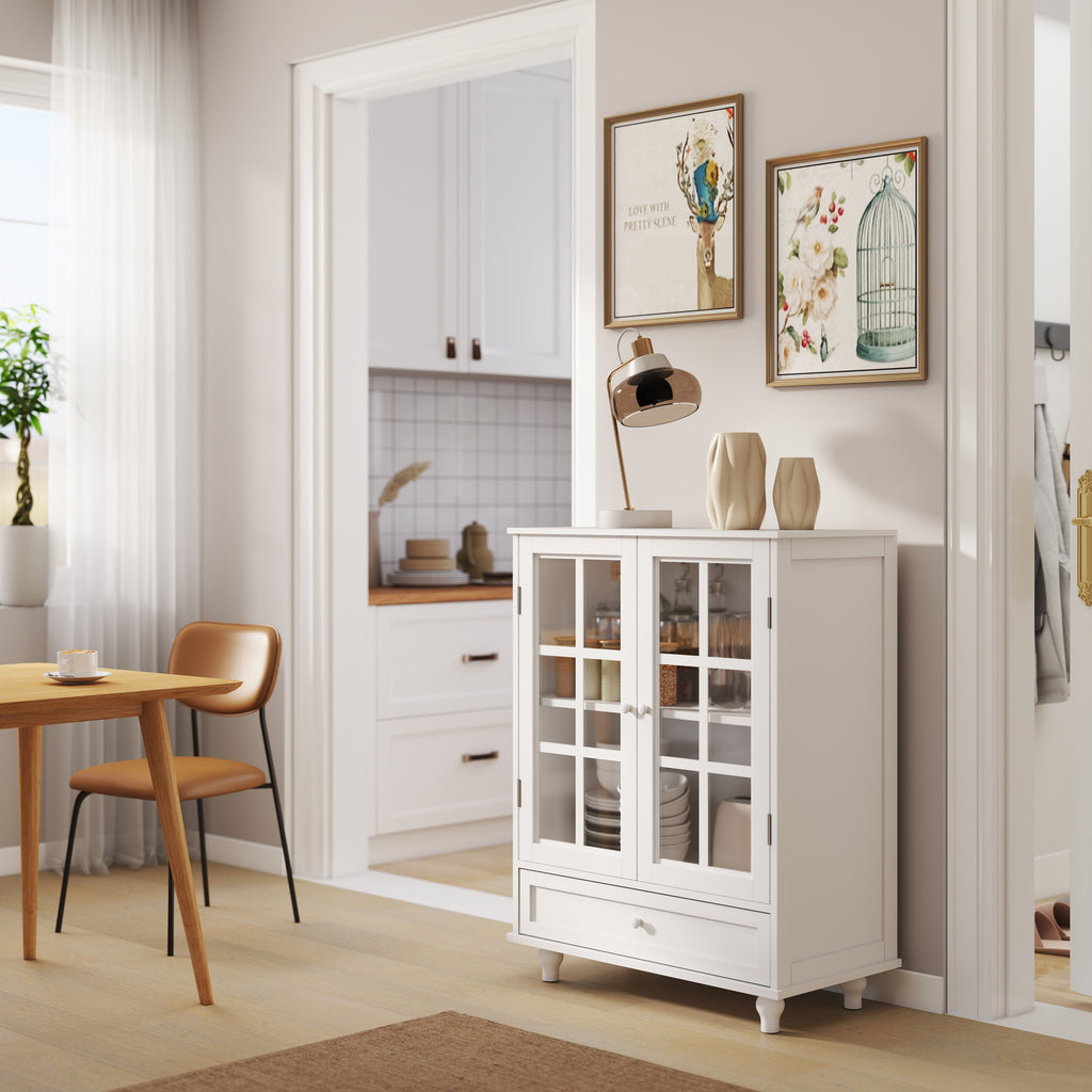 Minimalist White Buffet Cabinet with Double Glass Doors and Drawer, Modern Wooden Storage Sideboard Cupboard for Living room, Dining Room Hallway Entryway - Grand Goldman Shop