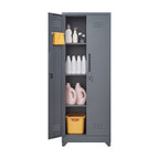 Grey Heavy Duty Metal Storage Cabinet with Locking Doors, Hanging Rod & Shelves, 65' H Broom Closet for Garage or Basement - 