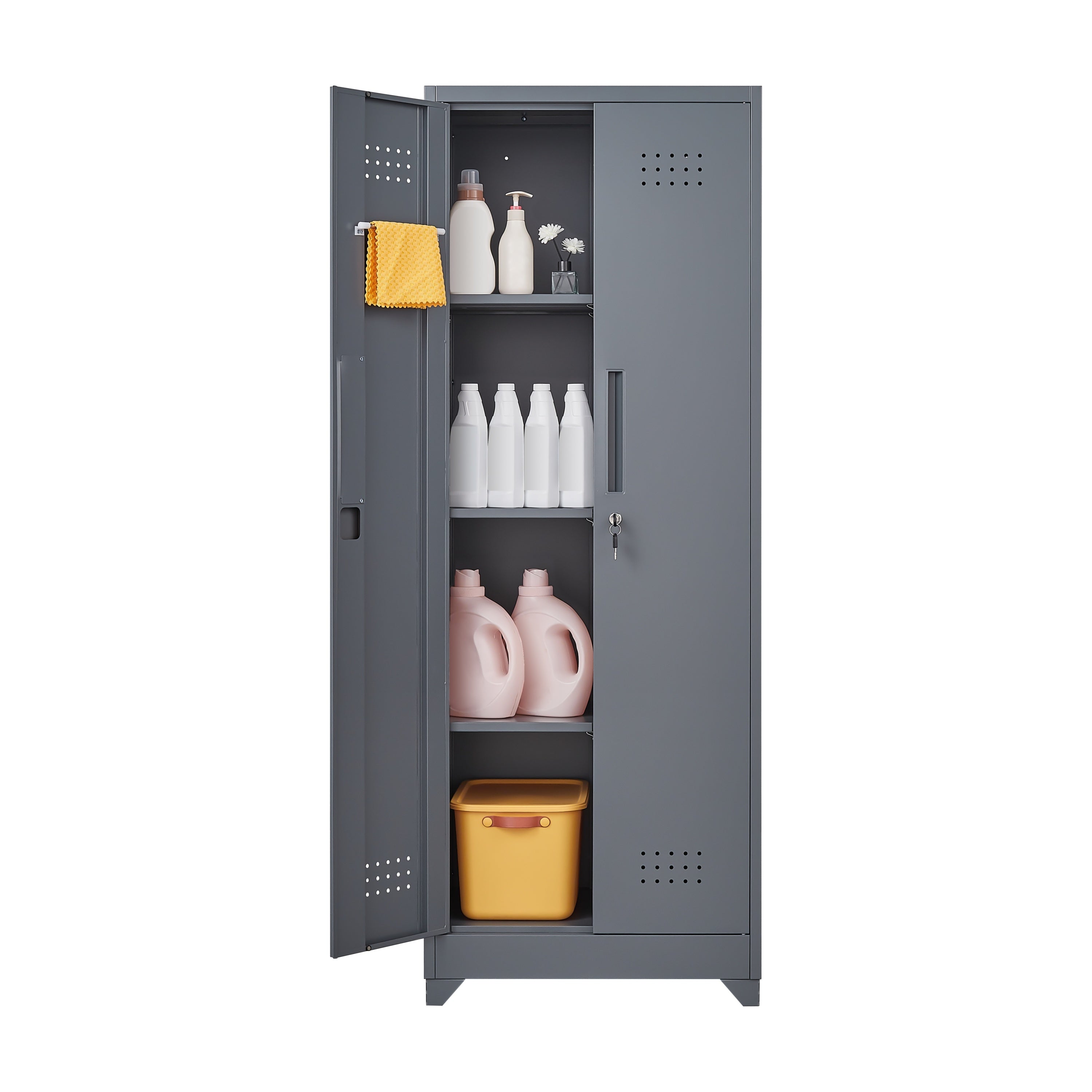 Grey Heavy Duty Metal Storage Cabinet with Locking Doors, Hanging Rod & Shelves, 65' H Broom Closet for Garage or Basement - 