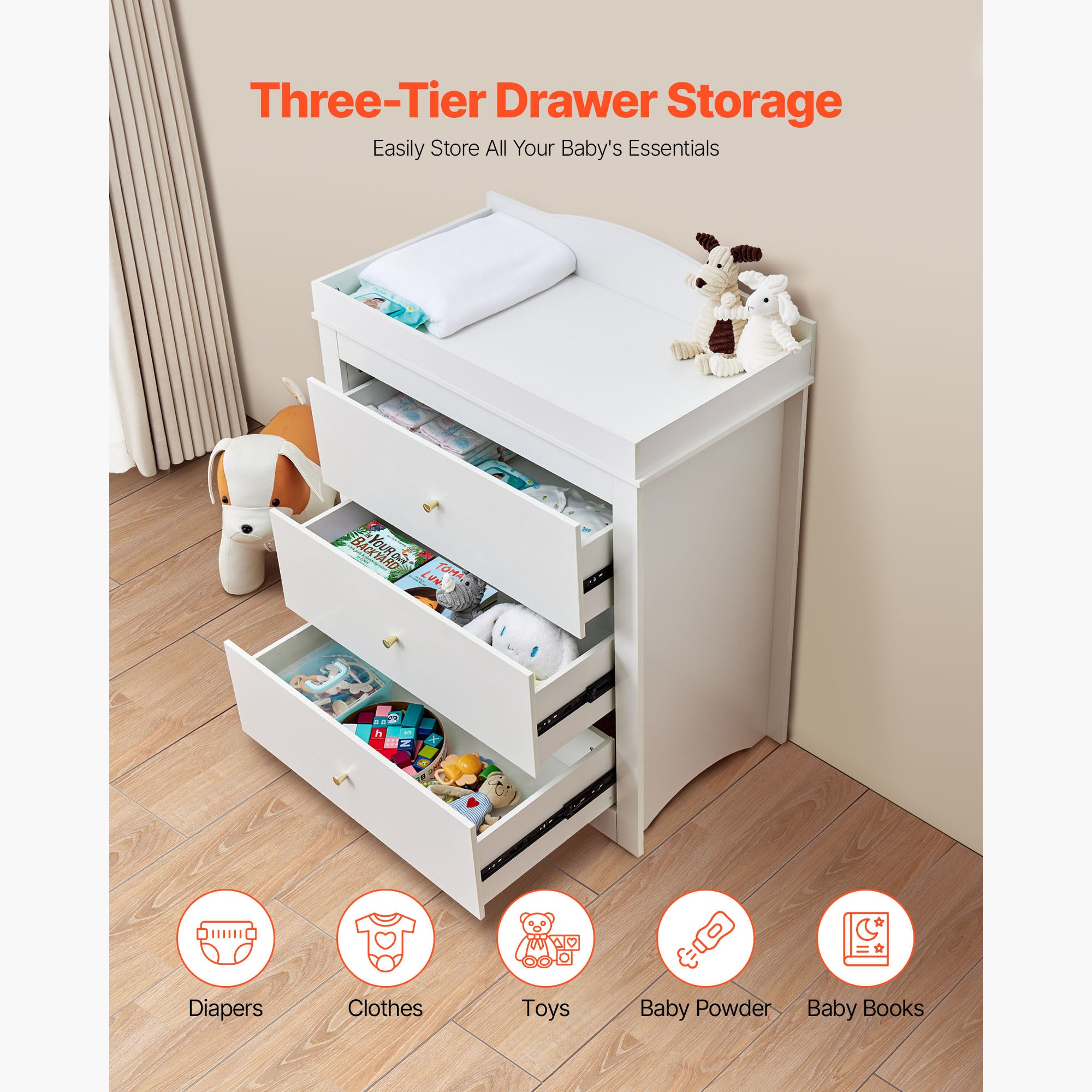 Changing Table Dresser Baby Diaper Change Station with 3 Drawers White | Premium Home Decor - Grand Goldman