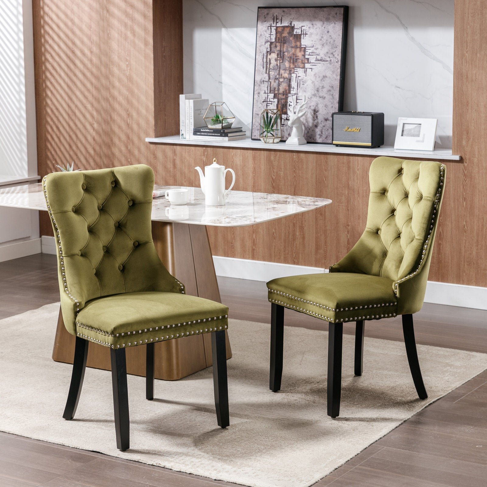 Nikki Collection Modern, High-end Tufted Solid Wood Contemporary Velvet Upholstered Dining Chair with Wood Legs Nailhead Trim 2-Pcs Set,Olive-Green,SW2001OL - Grand Goldman Shop