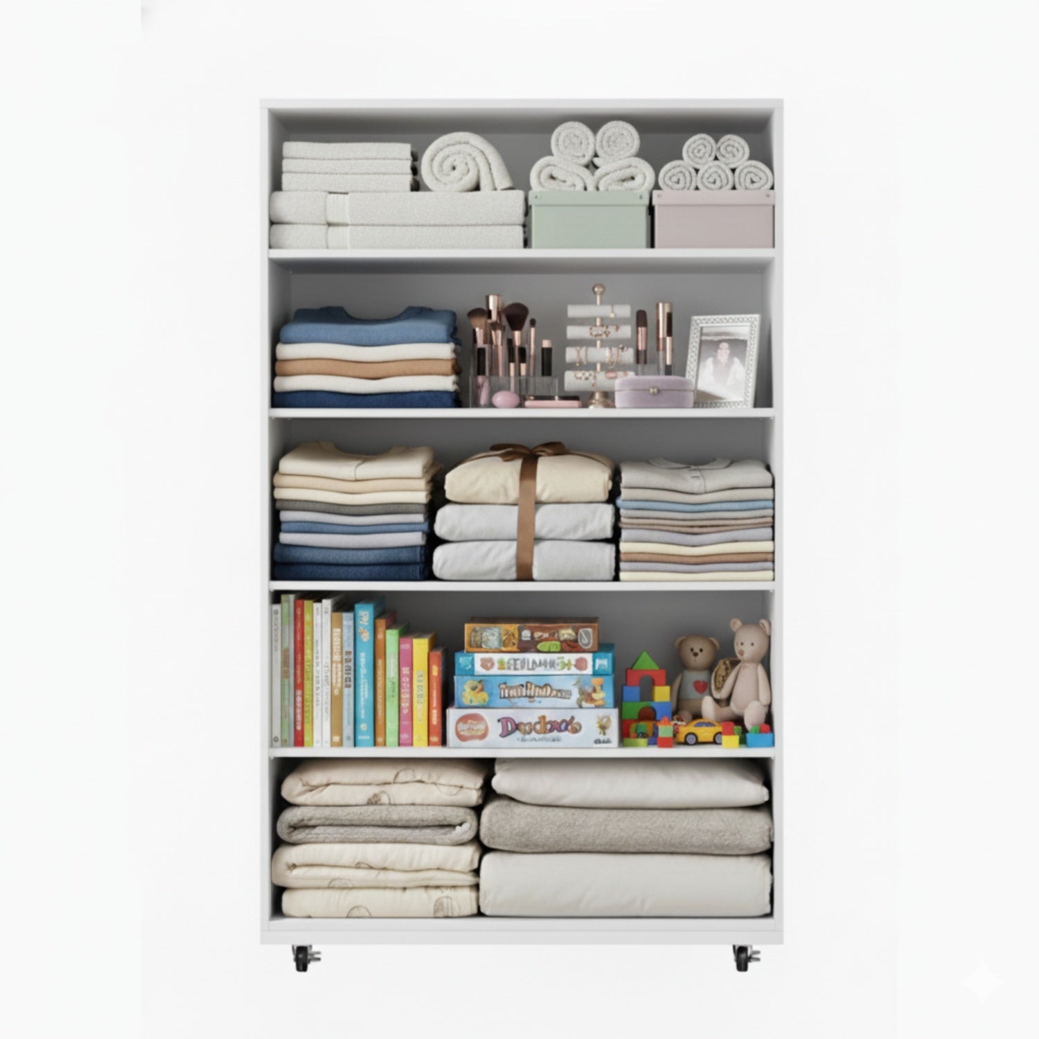 Modern White 5-Drawer Dresser with Wheels – Space-Saving Storage Cabinet with Deep Drawers, Wood Frame, Melamine Finish - Grand Goldman Shop