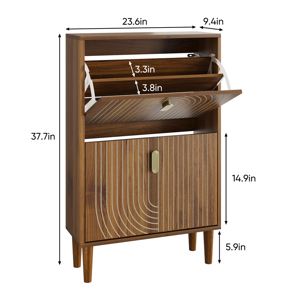 Modern Minimalist Shoe Storage Cabinet with 2 Flip Drawers and Metal Handles in Gold, Particle Board MDF Pine Wood, 23.6'W - Grand Goldman Shop