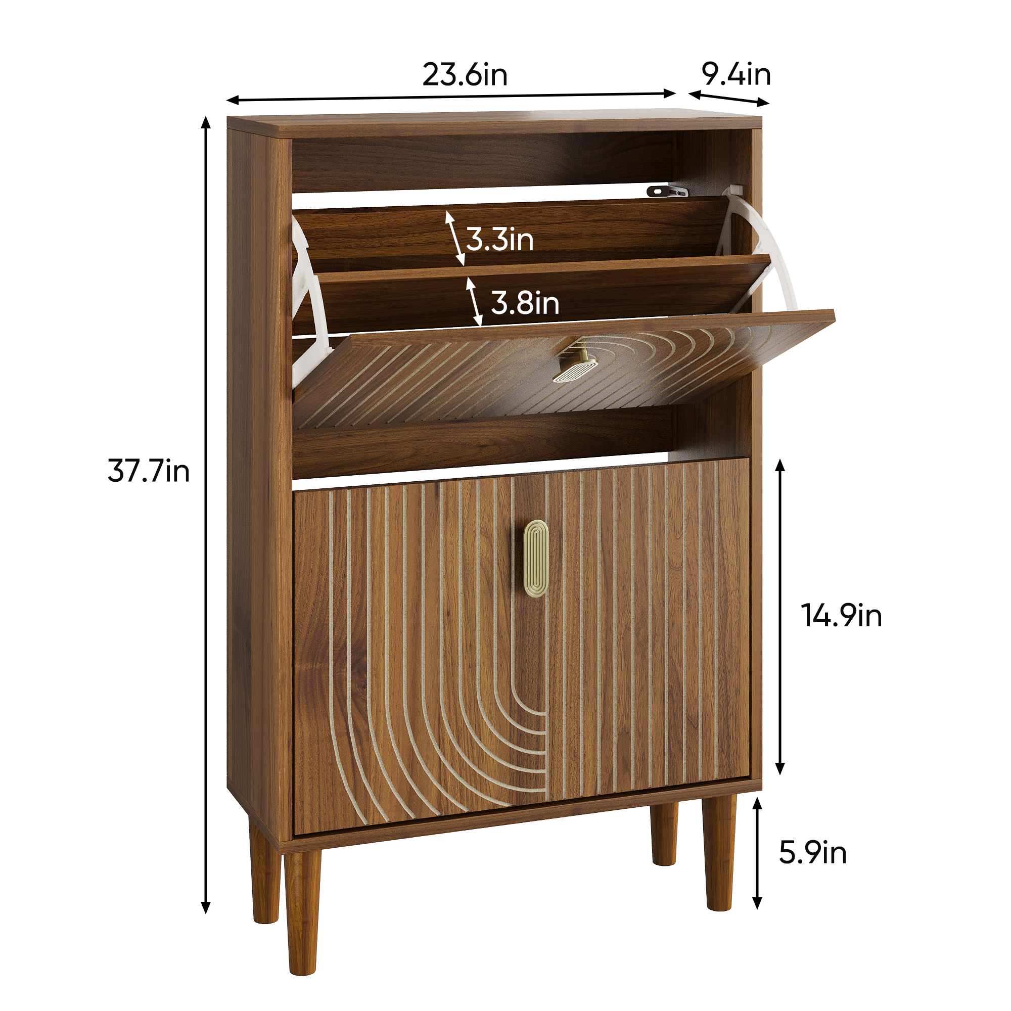 Modern Minimalist Shoe Storage Cabinet with 2 Flip Drawers and Metal Handles in Gold, Particle Board MDF Pine Wood, 23.6'W - Grand Goldman Shop