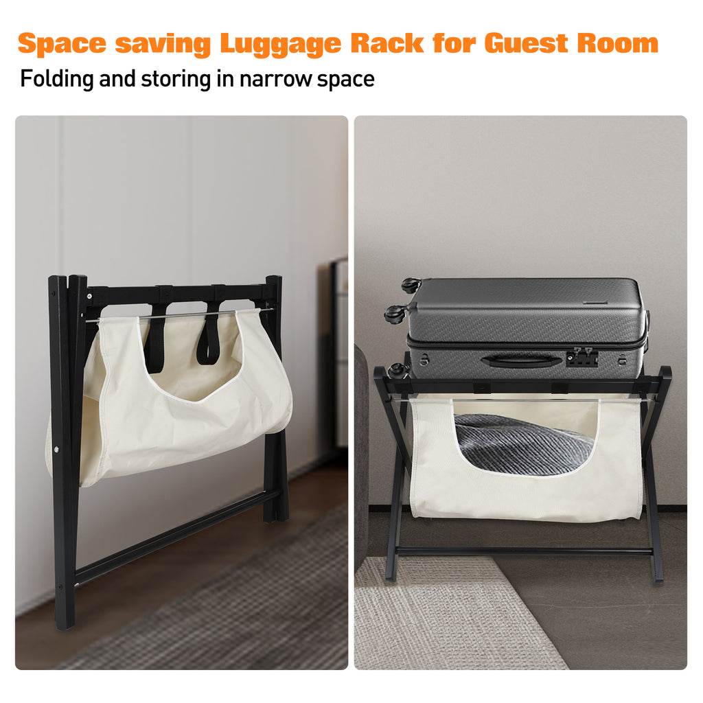 Hofitlead Wooden Luggage Rack, Folding Luggage Rack Suitcase Stand with Storage Shelf for Home Guest Room Bedroom Hotel,Black