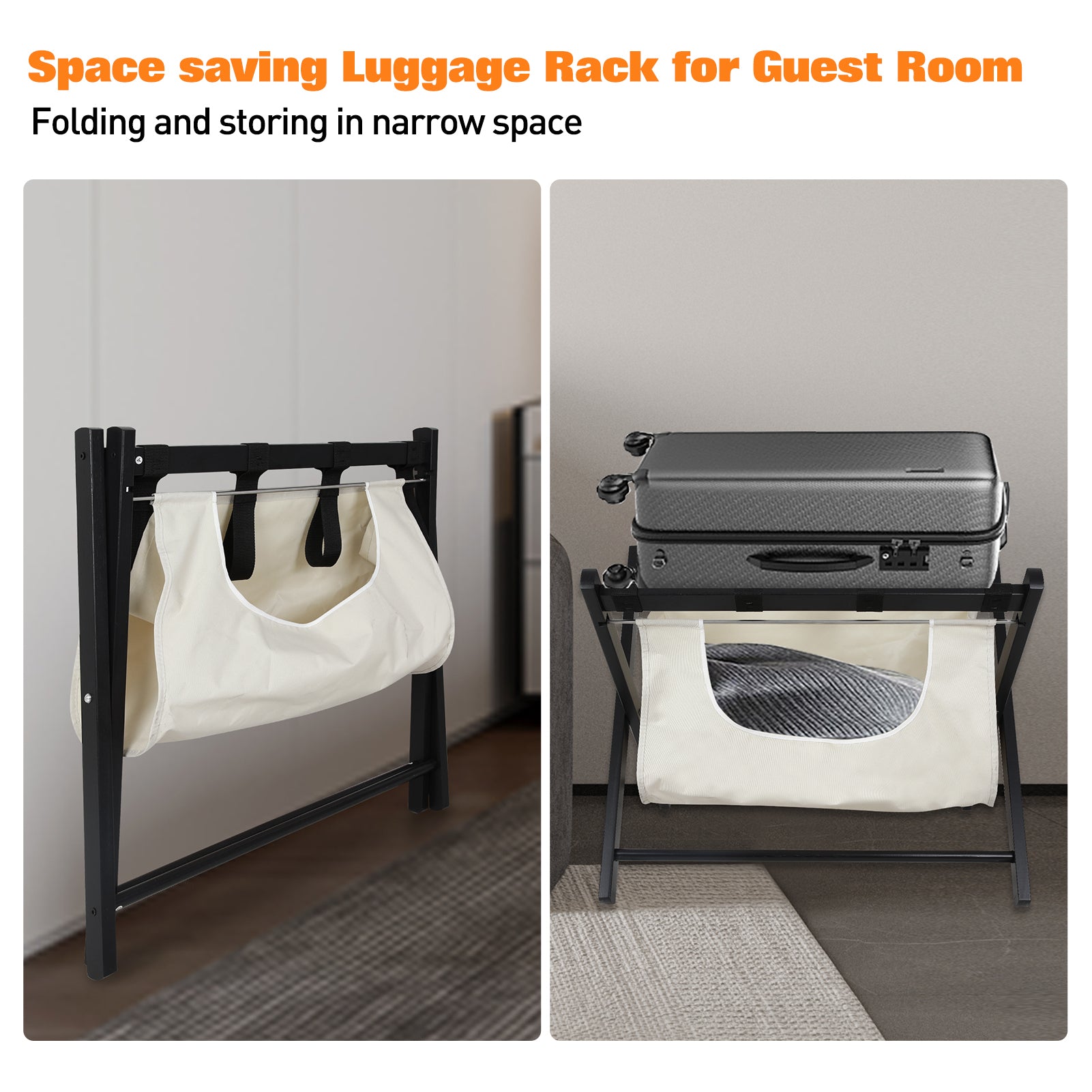 Hofitlead Wooden Luggage Rack, Folding Luggage Rack Suitcase Stand with Storage Shelf for Home Guest Room Bedroom Hotel,Black
