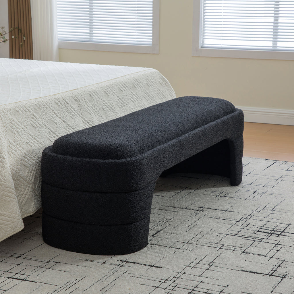 64.96'Wide Modern Upholstered Armless Upholstered Bedroom Benches End of Bed Bench for Entryway, Chenille Ottoman Foot Stool for Living Room and Bedroom, Entryway, Black Boucle - Grand Goldman Shop
