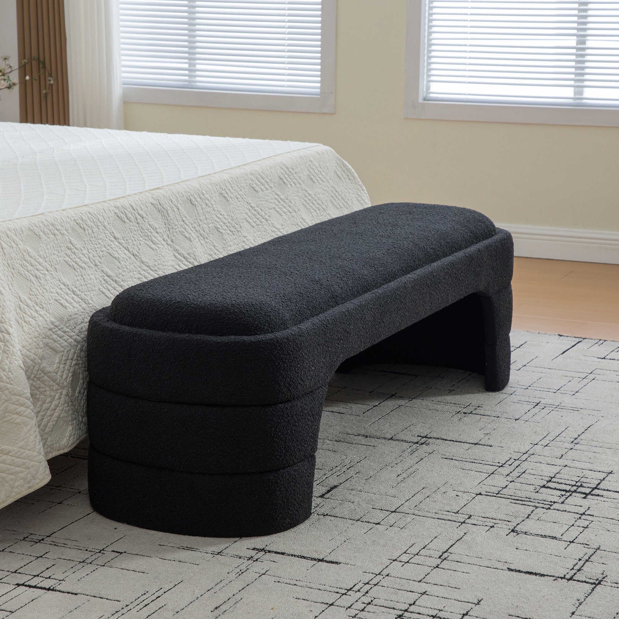 64.96'Wide Modern Upholstered Armless Upholstered Bedroom Benches End of Bed Bench for Entryway, Chenille Ottoman Foot Stool for Living Room and Bedroom, Entryway, Black Boucle - Grand Goldman Shop