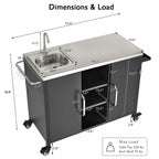K&K 55.5' Outdoor Kitchen Island with Sink, Metal Grill Cart Table with 304 Stainless Steel Sink, Outdoor Bar Cart Sink Station with 4 Lockable Wheels for Pizza Prep & BBQ, L 55.5' x W 20' H 36.7' - Grand Goldman Shop