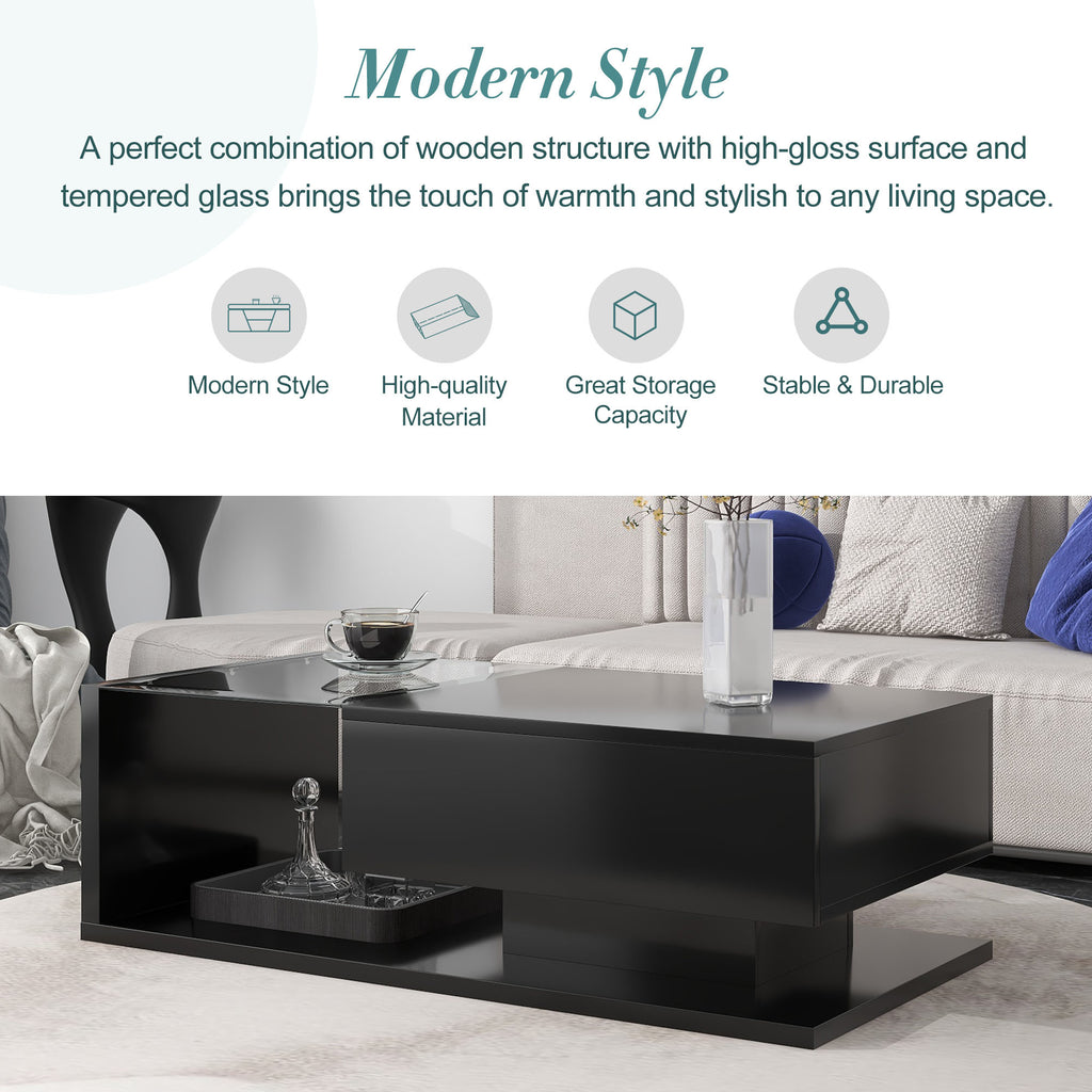 [VIDEO provided] ON-TREND Modern Coffee Table with Tempered Glass, Wooden Cocktail Table with High-gloss UV Surface, Modernist 2-Tier Rectangle Center Table for Living Room, Black - Grand Goldman Shop