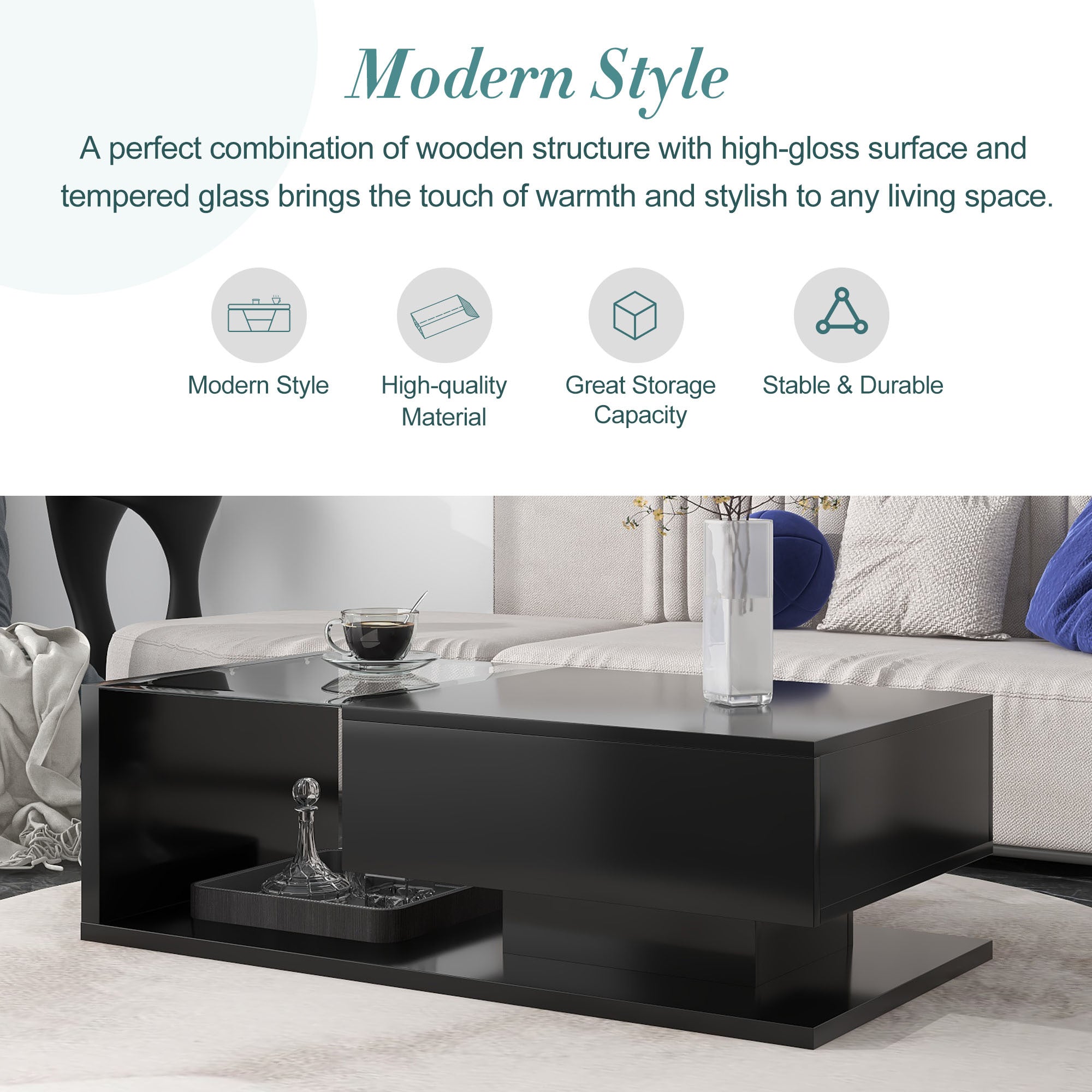 [VIDEO provided] ON-TREND Modern Coffee Table with Tempered Glass, Wooden Cocktail Table with High-gloss UV Surface, Modernist 2-Tier Rectangle Center Table for Living Room, Black - Grand Goldman Shop