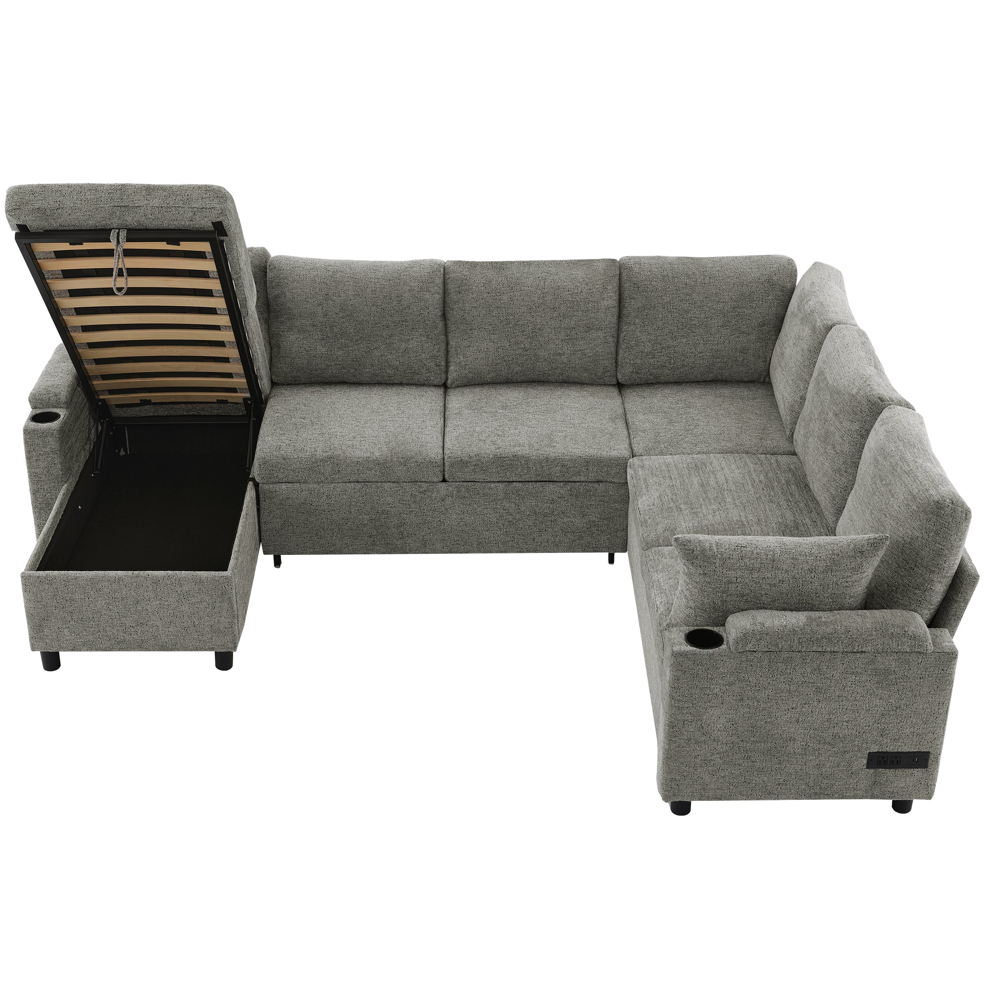 Versatile Light Grey Chenille Sectional Sofa Bed with Storage, Cup Holders & Charging Ports, 109.9' - Grand Goldman Shop