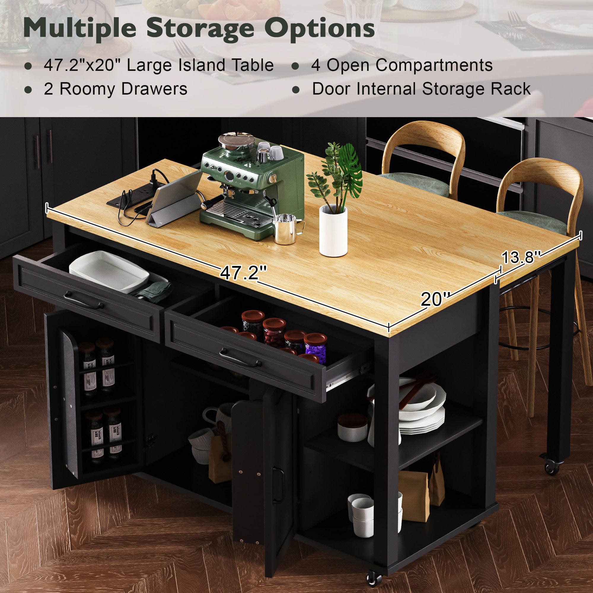 K&K 47 inch Kitchen Island with Extendable Dining Table, Rubber Wood Veneer Kitchen Table with Internal Storage Rack, Power Outlet, Kitchen island with Storage 2 Drawers 2 Cabinet, Black - Grand Goldman Shop