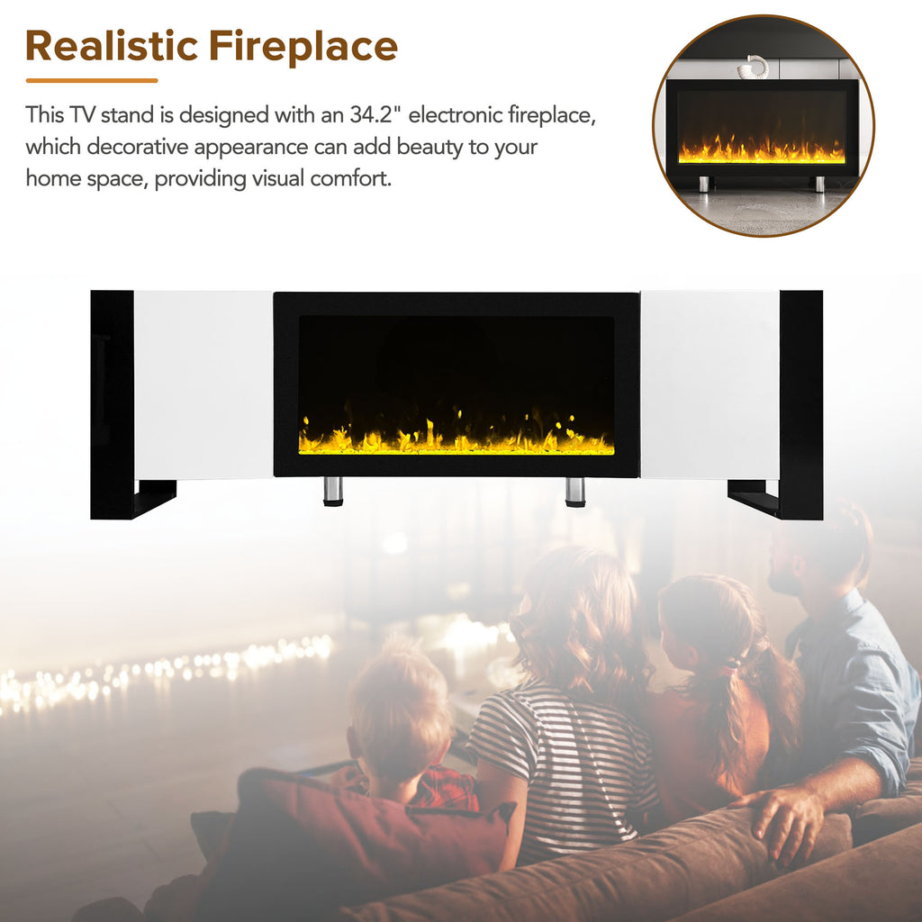ON-TREND Modern TV Stand with 34.2' Non-heating Electric Fireplace, High Gloss Entertainment Center with 2 Cabinets, Media Console for TVs up to 78', White - Grand Goldman Shop