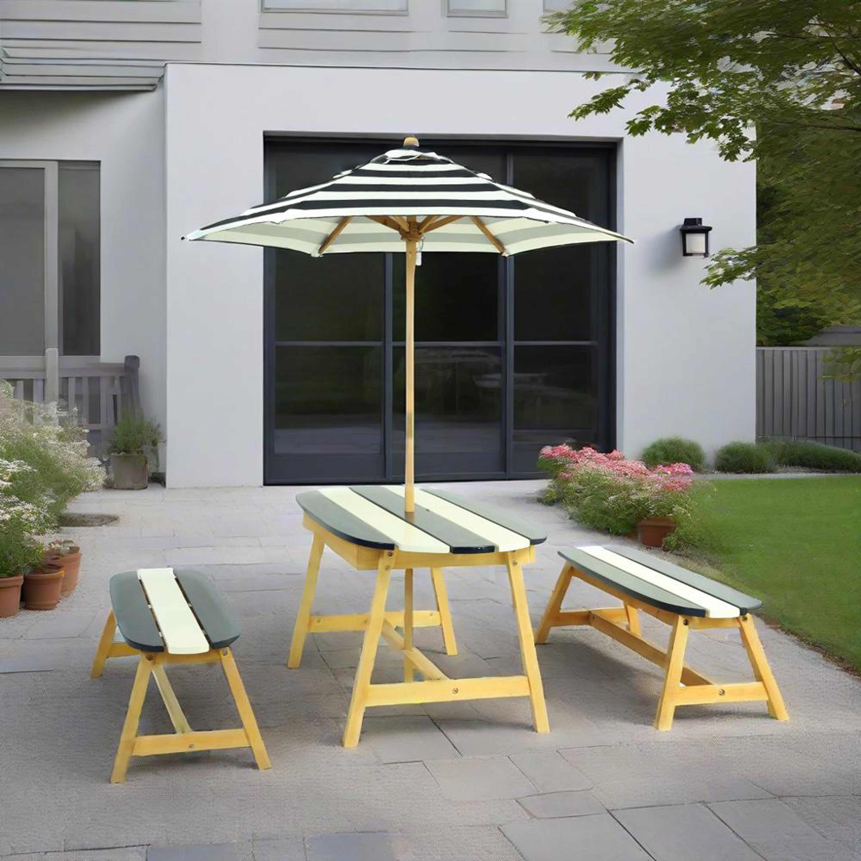 Naturally Playful Kids Picnic Table with Umbrella, Indoor/Outdoor Fun, Dark Blue Poplar Wood | Premium Home Decor - Grand Gol