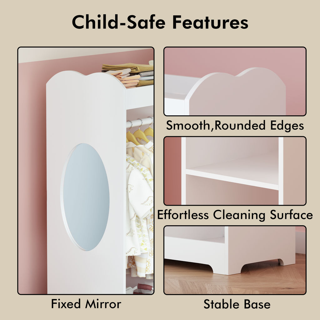 Kids Dress Up Storage with Mirror and Hooks, Wooden Dress Up Clothes Rack with Hanging Rod, 3 Side Hooks, Storage Shelves and