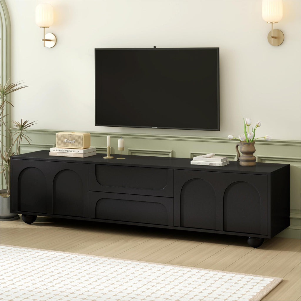 ON-TREND Cream Style TV Stand with Arched Doors & 2 Drawers for TVs up to 75', Minimalist Media Console with Rebound Device, Entertainment Center with 5 Iron Round Legs for Living Room, Bedroom, Black - Grand Goldman Shop