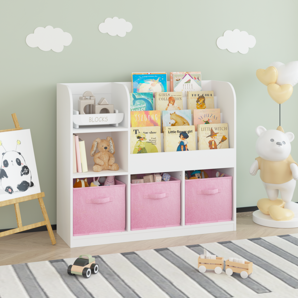 Kids Bookcase and Bookshelf with 3 Collapsible Fabric Drawers, Multifunctional White/Pink Display Stand for Bedroom, Playroom