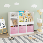 Kids Bookcase and Bookshelf with 3 Collapsible Fabric Drawers, Multifunctional White/Pink Display Stand for Bedroom, Playroom