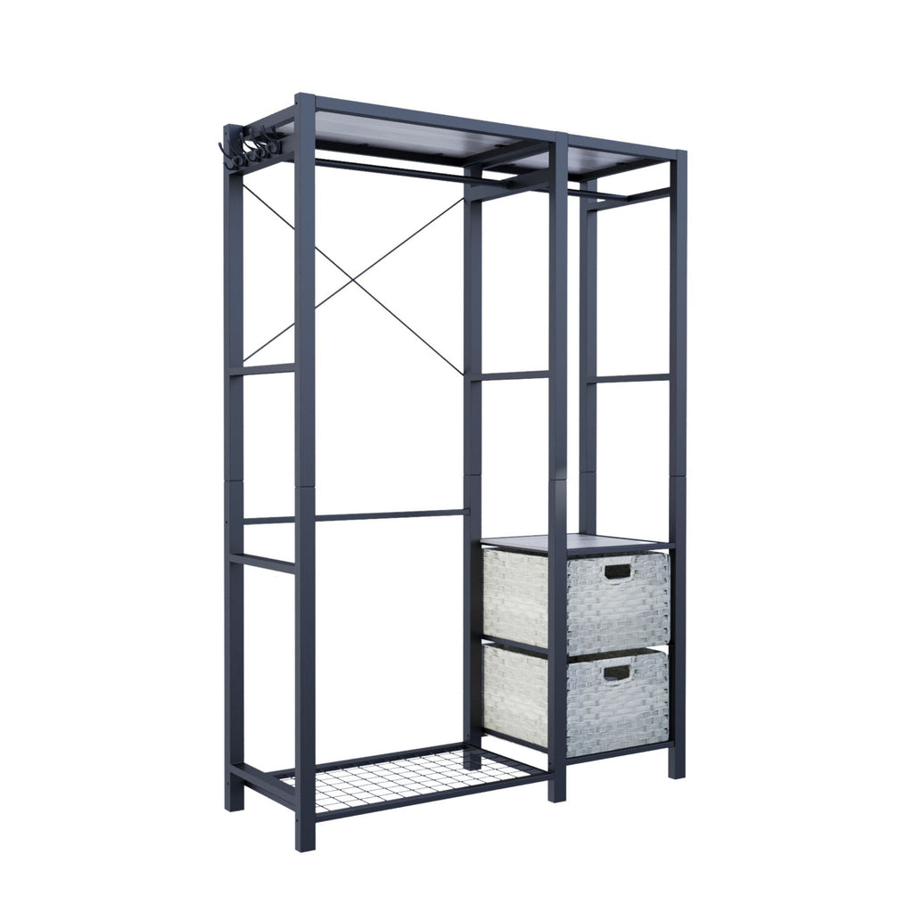 Acacia Wood Garment Rack with Shelves, 2 Wicker Drawers, 4 Hooks, Heavy Duty Closet Organizer, Light Gray - Grand Goldman Shop