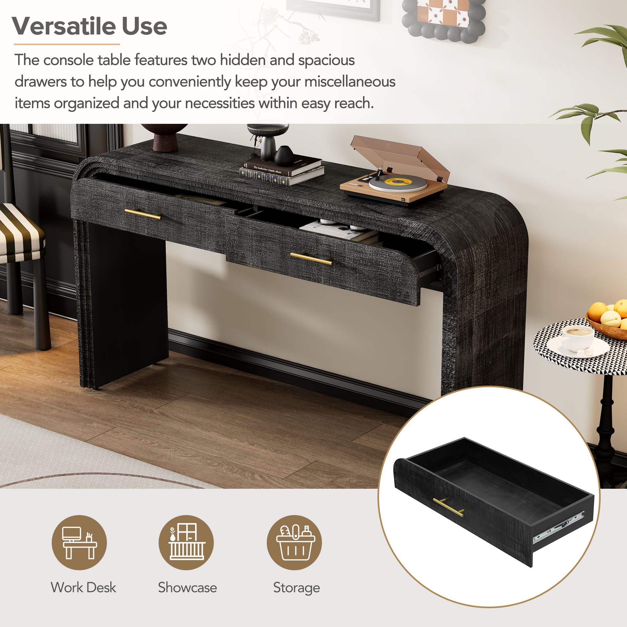 TREXM Unique Retro Silhouette Console Table with Open Style, Two Top Drawers for Entrance, Dinning Room, Living Room (Antique Black) - Grand Goldman Shop