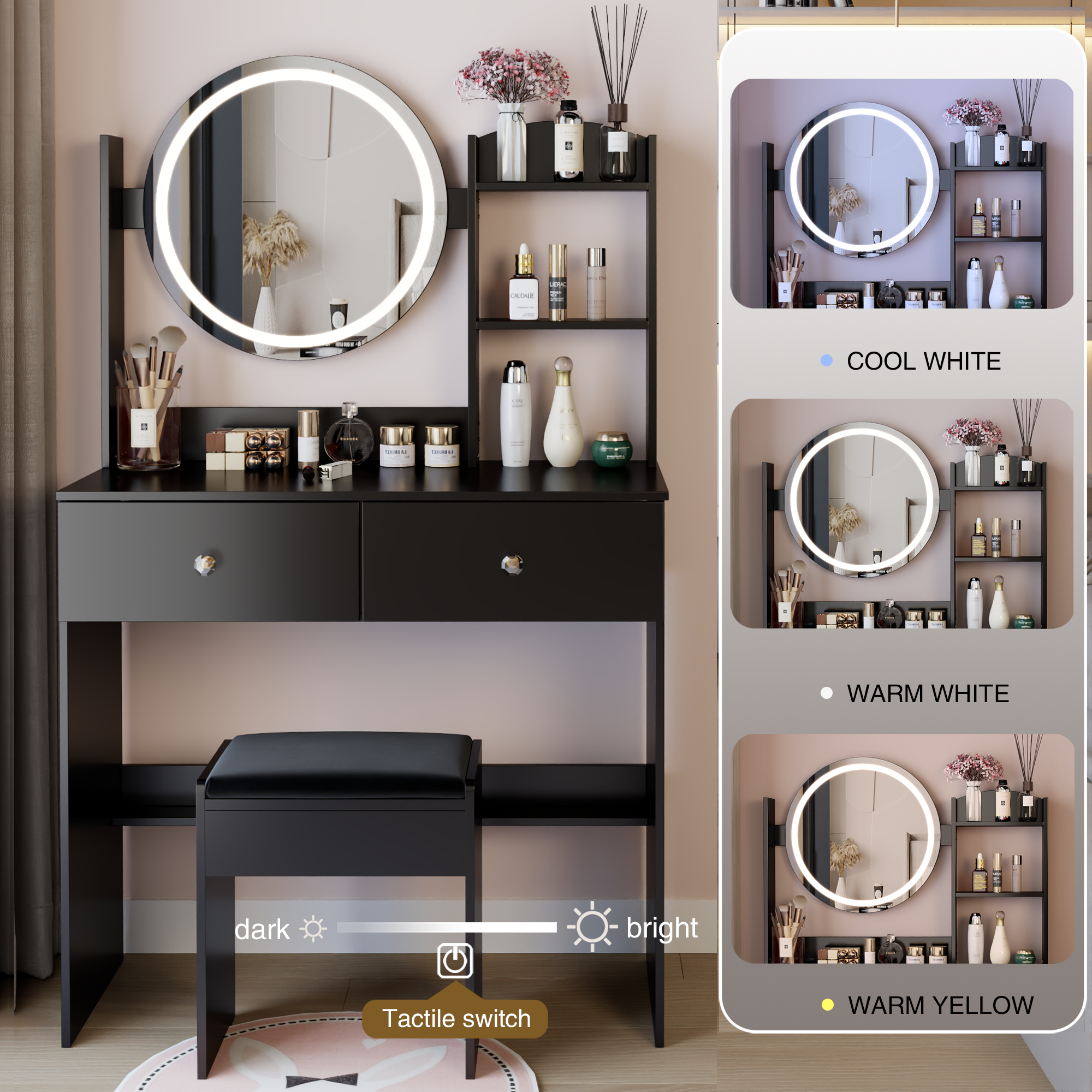 17' Round LED Mirror Vanity Table + Soft Cushion Stool Set, Large Mirror, Touch Switch, 3 colors, Adjustable Brightness, Large Desktop, Multi-layer High Capacity Storage, Suitable For Small Space - Grand Goldman Shop