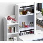 Fashion Vanity Desk with Mirror and Lights for Makeup and Chair, White MDF Vanity Set with 3 Color Adjustable LED Lighting, 4 Drawers - Grand Goldman Shop