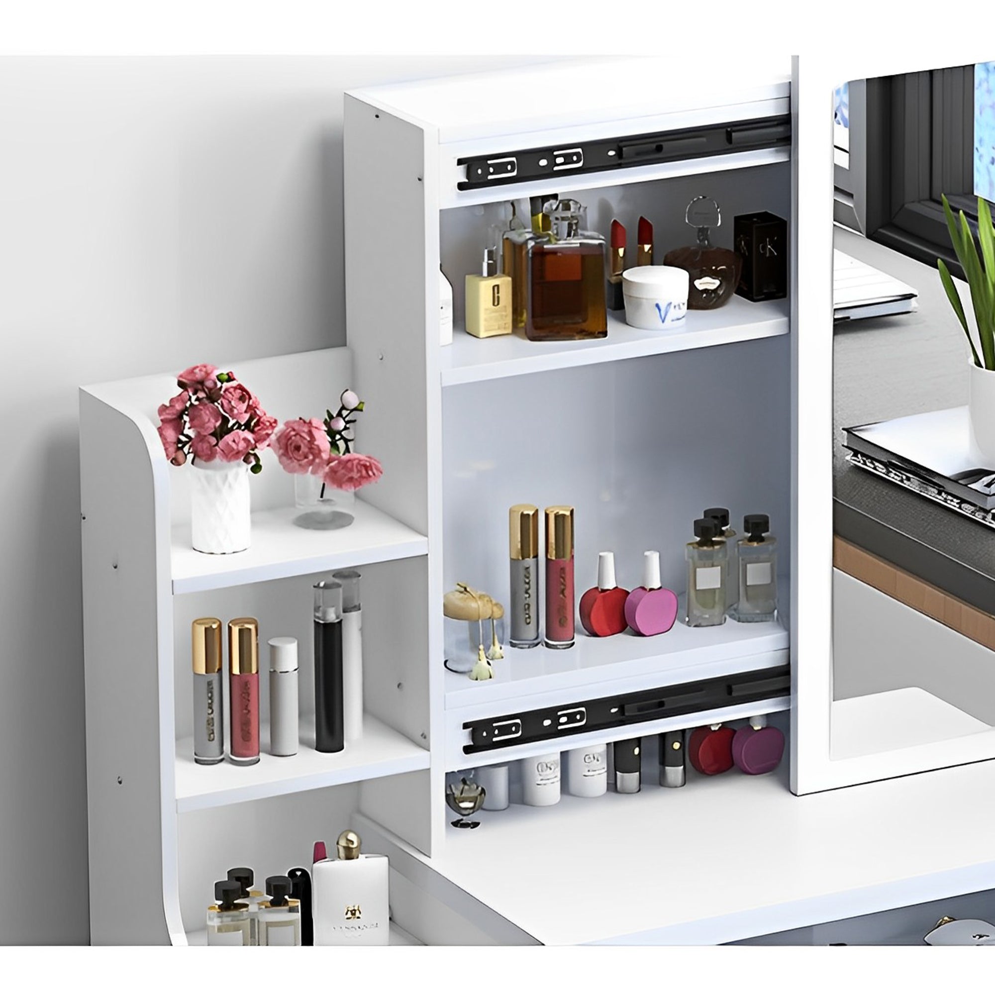 Fashion Vanity Desk with Mirror and Lights for Makeup and Chair, White MDF Vanity Set with 3 Color Adjustable LED Lighting, 4 Drawers - Grand Goldman Shop