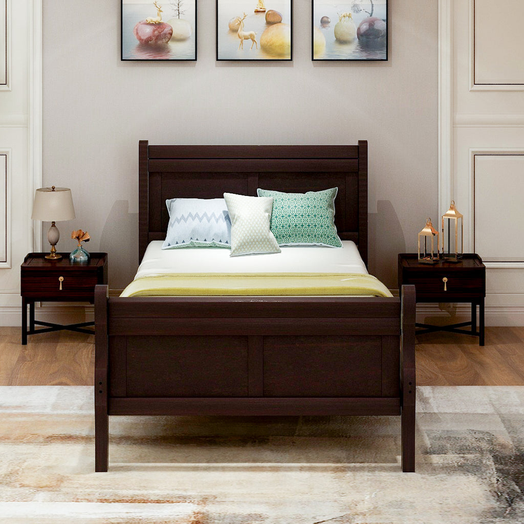 Minimalist Wood Platform Twin Bed Frame with Headboard and Footboard in Espresso - Grand Goldman Shop