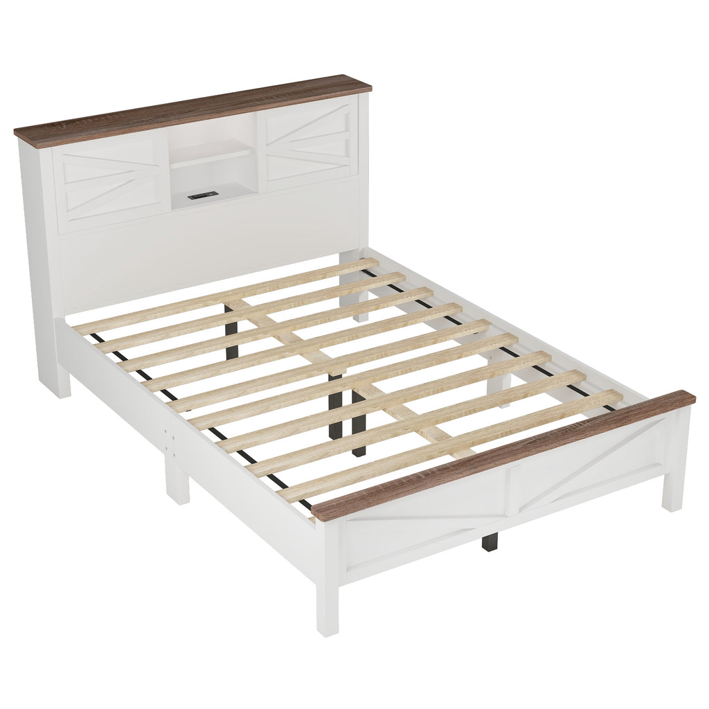 3-Pieces Bedroom Sets Queen Size  Farmhouse Platform Bed with Double Sliding Door Storage Headboard, Storage Nightstand and Dresser, White+Brown(Old SKU HL000092AAK) - Grand Goldman Shop