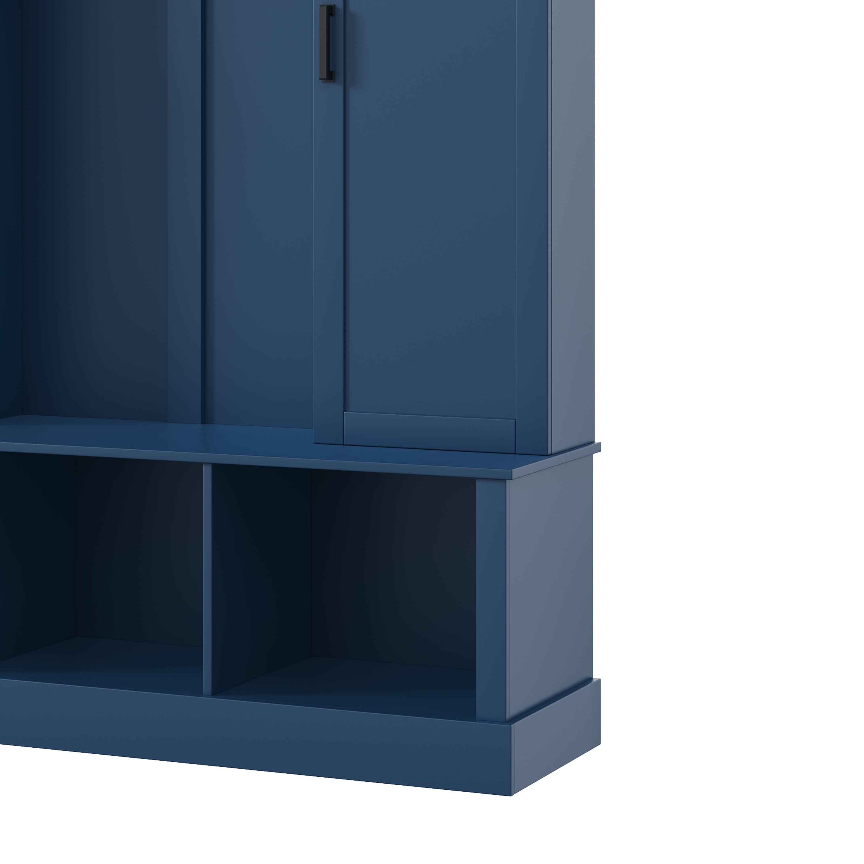 ON-TREND Modern All-in-One Hall Tree with Adjustable Shelves, Classic Arched Farmhouse Storage Bench with Dual Side Cabinets, Elegant Entryway Organizer with 7 Hooks for Mudroom, Hallway, Blue - Grand Goldman Shop