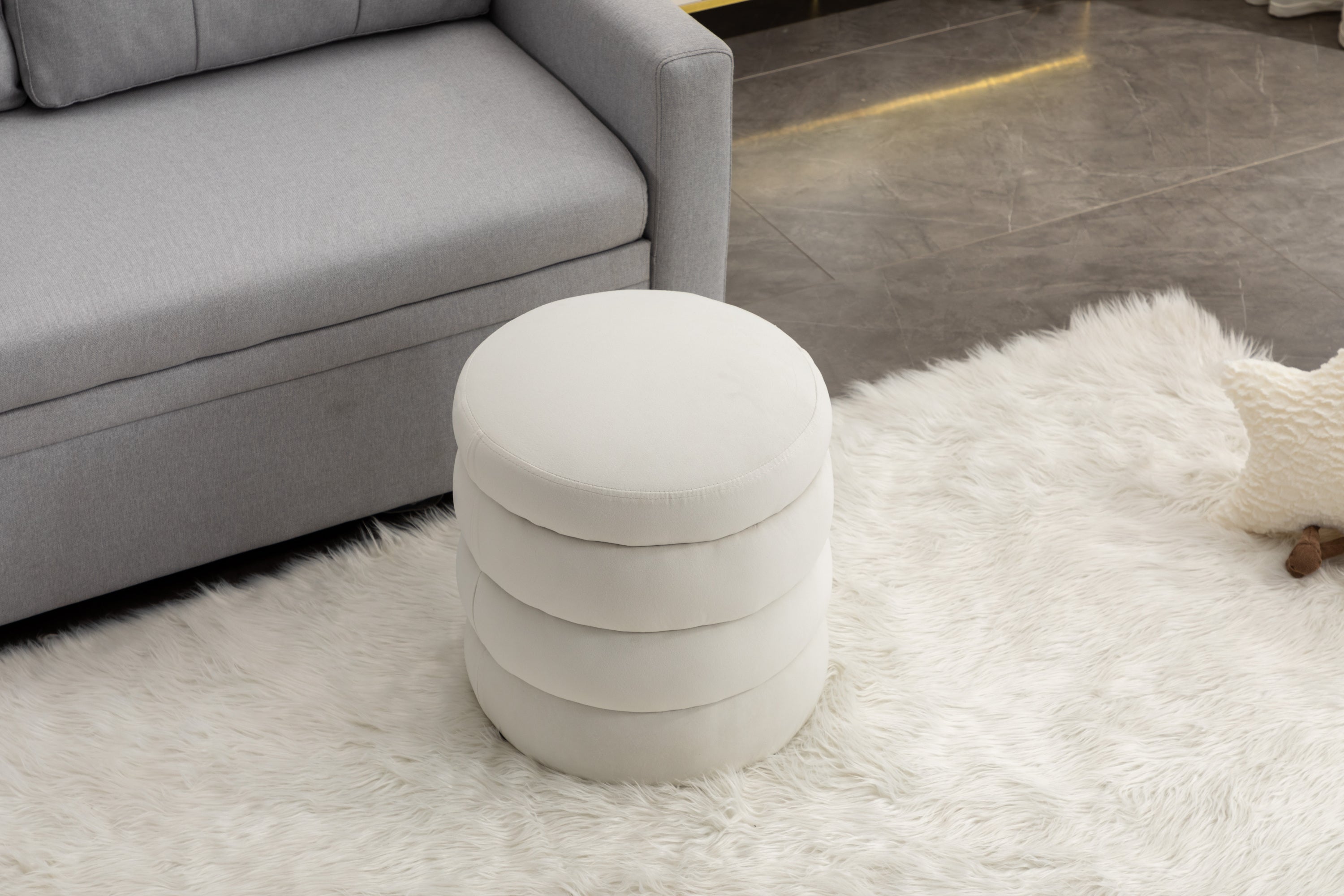 006-Soft Velvet  Round Ottoman Footrest Stool,Ivory - Grand Goldman Shop