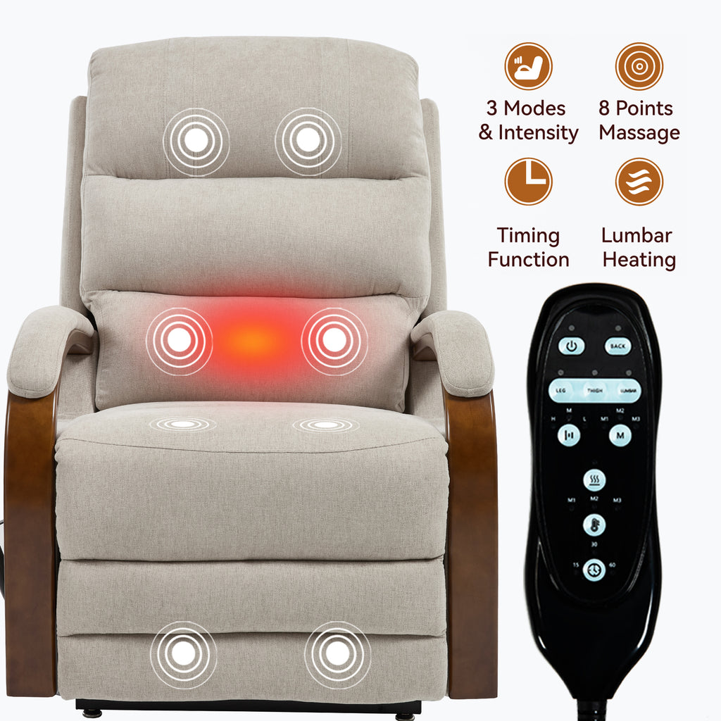 Power Beige Chenille Lift Recliner Chair Dual Motor Infinite Position Up to 350 LBS with Solid Wood Armrests, Heat Massage and Heavy Duty Motion Mechanism - Grand Goldman Shop