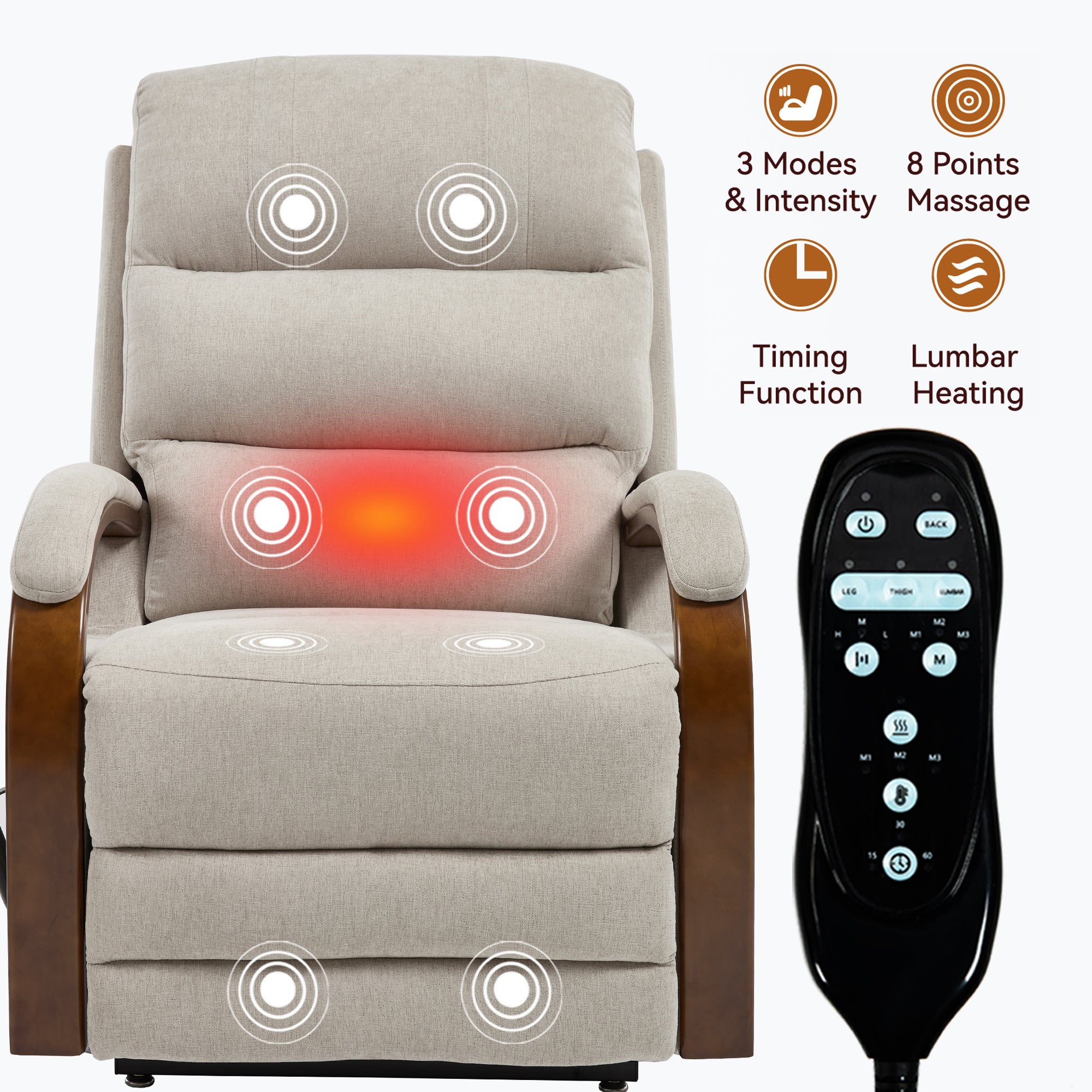 Power Beige Chenille Lift Recliner Chair Dual Motor Infinite Position Up to 350 LBS with Solid Wood Armrests, Heat Massage and Heavy Duty Motion Mechanism - Grand Goldman Shop